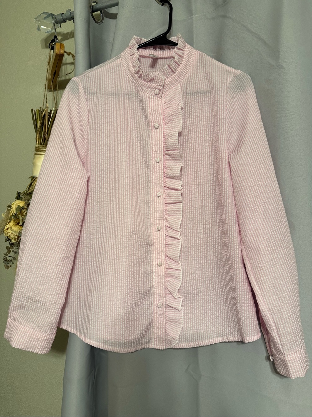 Women's Pink Seersucker Ruffle-Trim Button Up Top - Picture 2 of 5